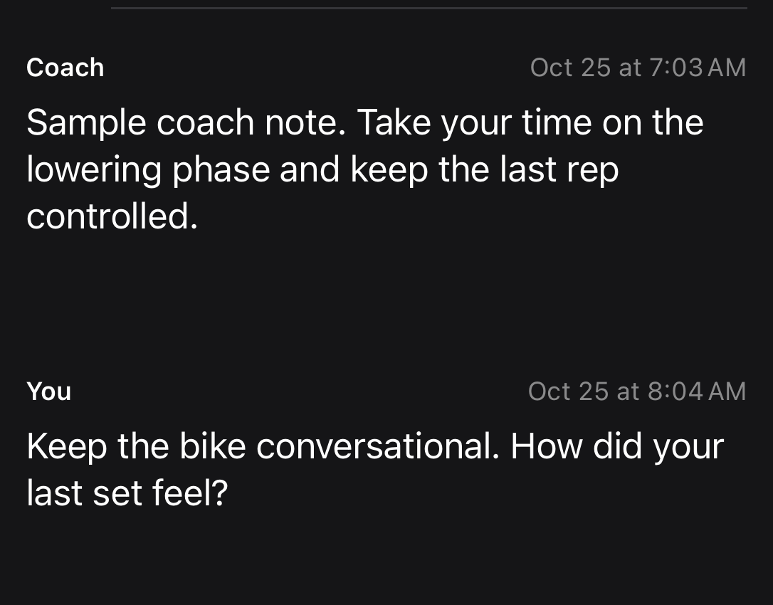 A sample coach’s follow-up about the bike and the last set in the actual native Notes thread.